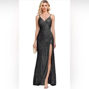 NWOT Black Maxi Gown with long Split Mermaid and Spaghetti Straps Sz 16